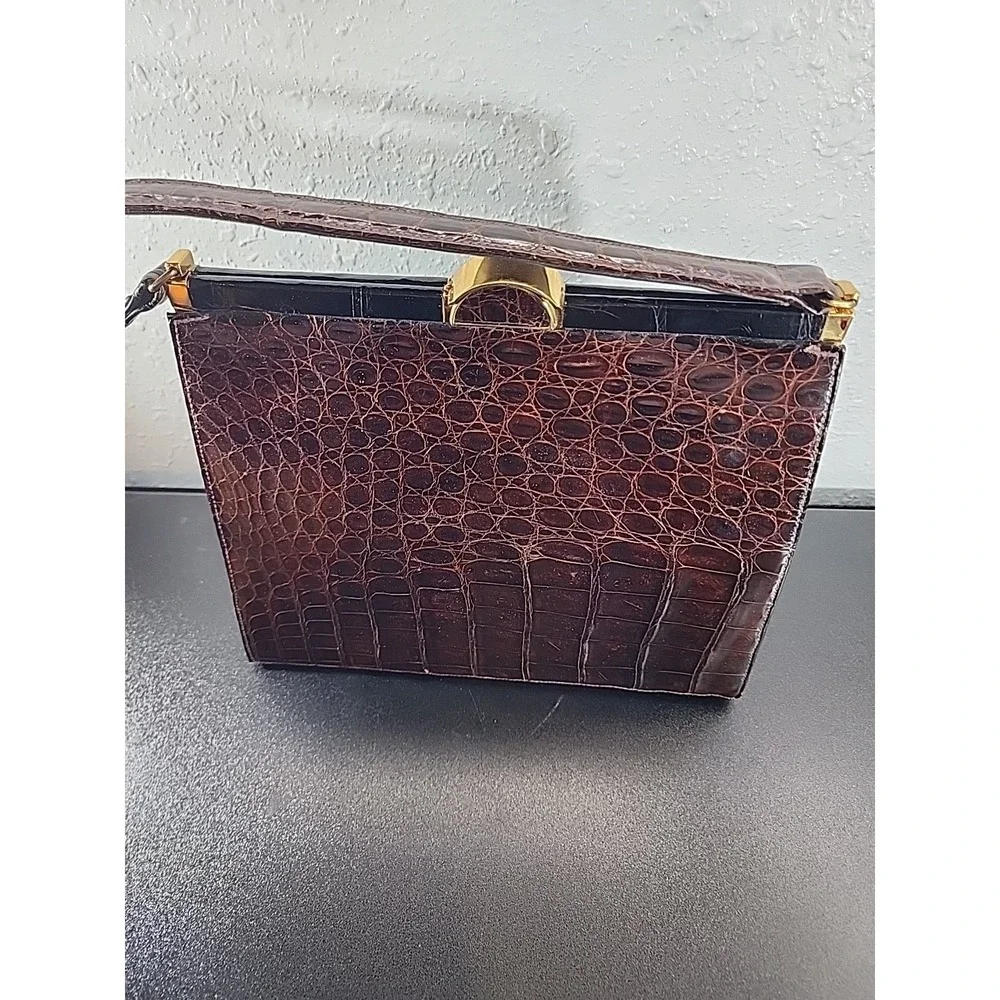 Vtg Bellestone Genuine Alligator Handbag Brown Exotic‎ Skin 1950s  Coin Mirror